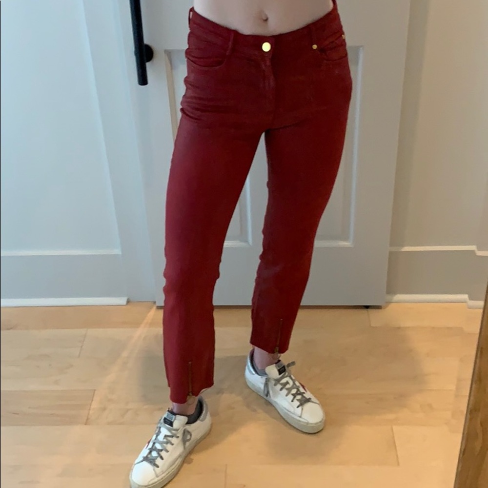 Zara Red Waxed Cropped Denim with Zippers